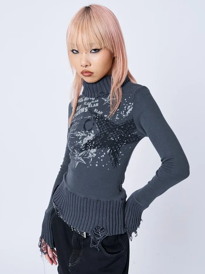 Clothing Blah Blah Blah Distressed High Neck Top Minga London Long Sleeve Tops