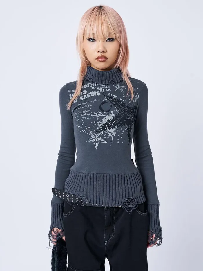 Clothing Blah Blah Blah Distressed High Neck Top Minga London Long Sleeve Tops
