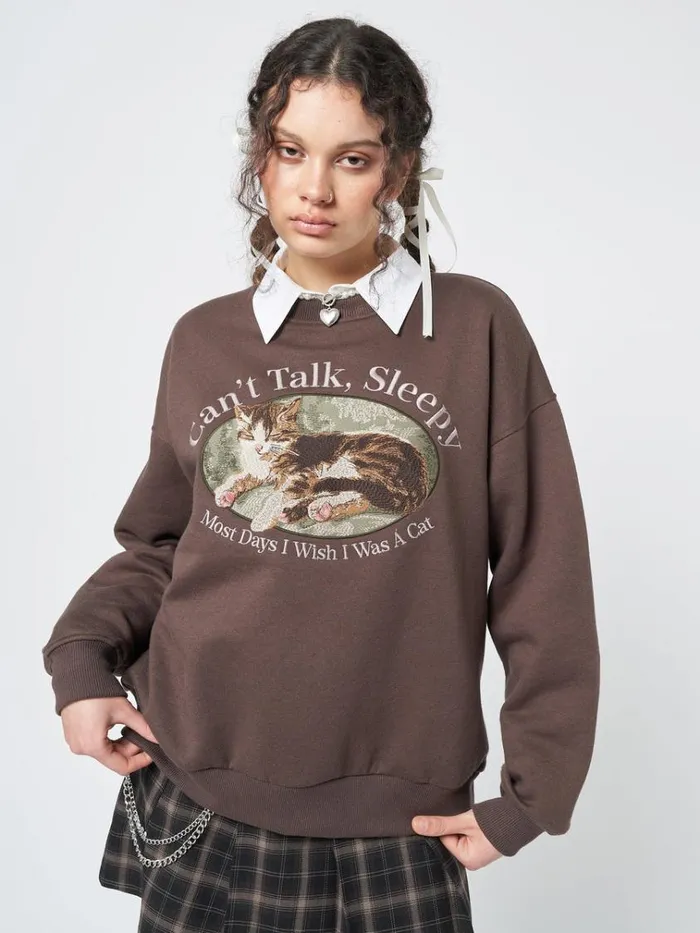 Clothing Cant Talk Cat Embroidered Sweatshirt Minga London Sweatshirts