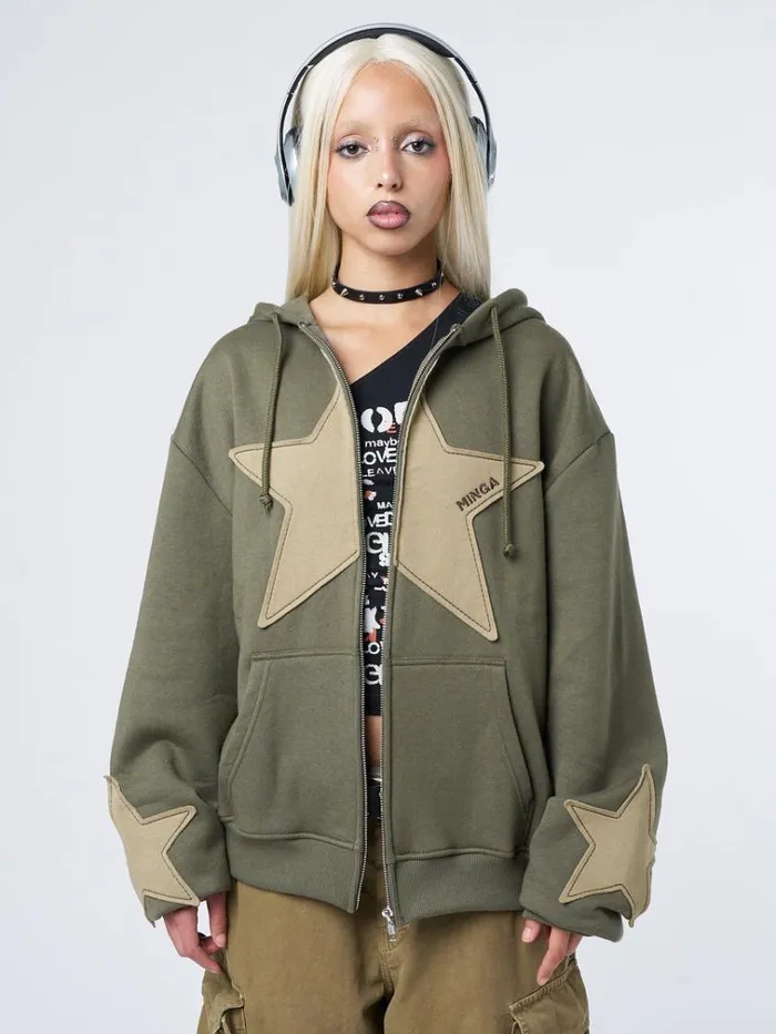Clothing Celeste Star Green Oversized Zip Up Hoodie Minga London Jackets