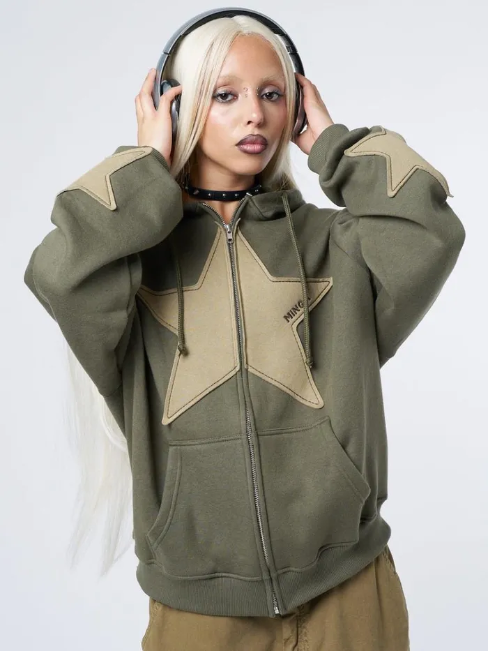 Clothing Celeste Star Green Oversized Zip Up Hoodie Minga London Jackets