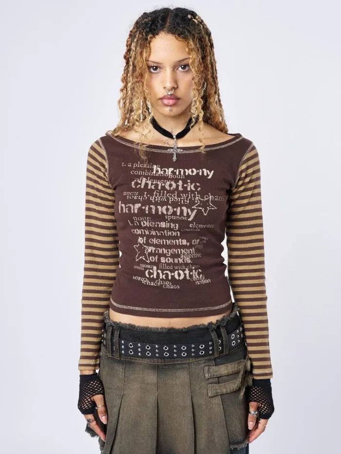 Clothing Chaotic Harmony Brown Striped Graphic Top Minga London Long Sleeve Tops Clothing Chaotic Harmony Brown Striped Graphic Top Minga London Long Sleeve Tops