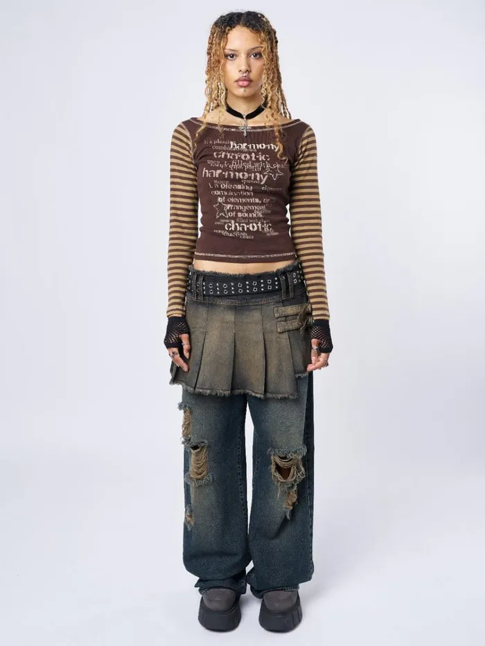 Clothing Chaotic Harmony Brown Striped Graphic Top Minga London Long Sleeve Tops