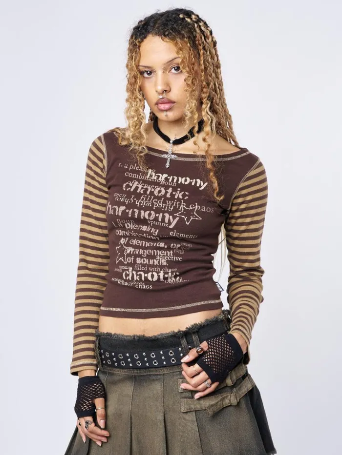 Clothing Chaotic Harmony Brown Striped Graphic Top Minga London Long Sleeve Tops
