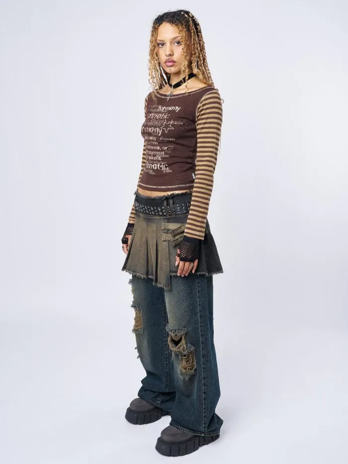 Clothing Chaotic Harmony Brown Striped Graphic Top Minga London Long Sleeve Tops