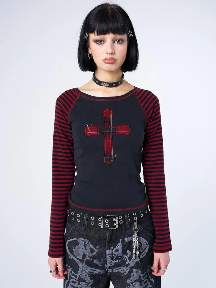 Clothing Crimson Cross Striped Sleeves Top Minga London Long Sleeve Tops