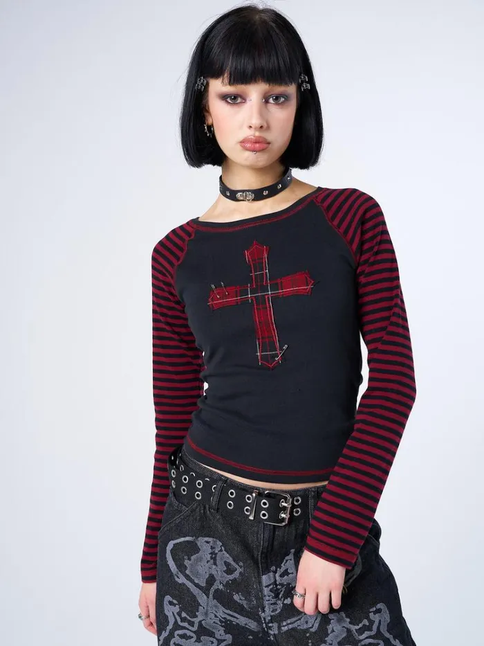 Clothing Crimson Cross Striped Sleeves Top Minga London Long Sleeve Tops