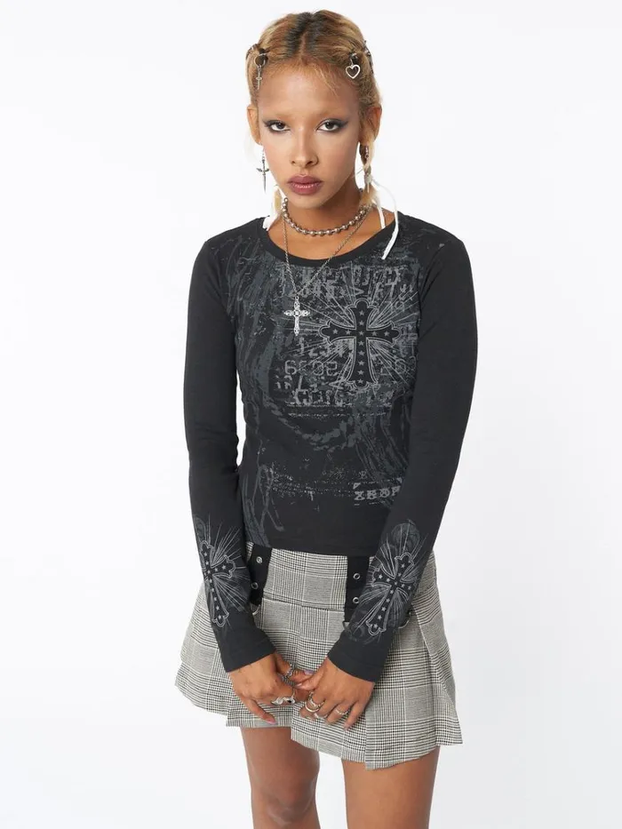 Clothing Cross Me Black Graphic Top Minga London Long Sleeve Tops