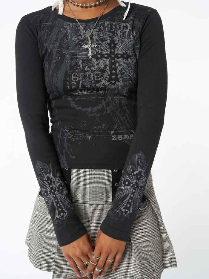 Clothing Cross Me Black Graphic Top Minga London Long Sleeve Tops