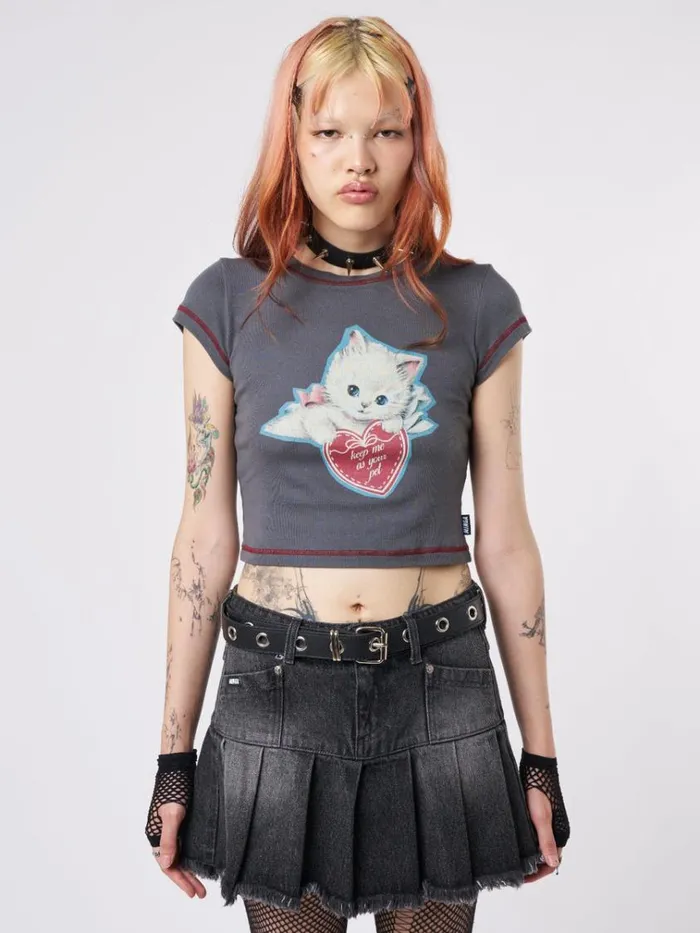 Clothing Cute Kitty Grey Baby Tee Minga London Crop Tops