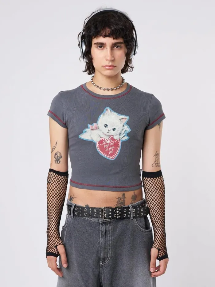 Clothing Cute Kitty Grey Baby Tee Minga London Crop Tops