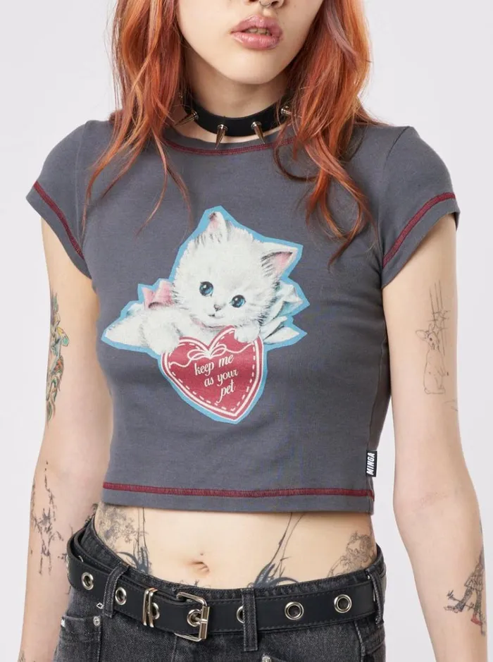 Clothing Cute Kitty Grey Baby Tee Minga London Crop Tops