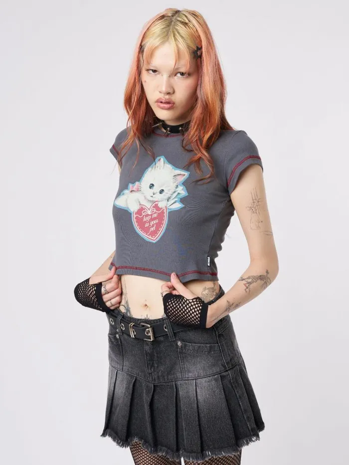 Clothing Cute Kitty Grey Baby Tee Minga London Crop Tops