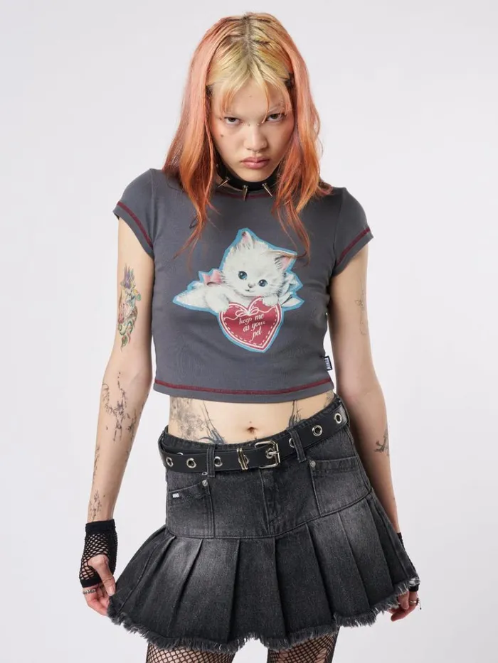 Clothing Cute Kitty Grey Baby Tee Minga London Crop Tops