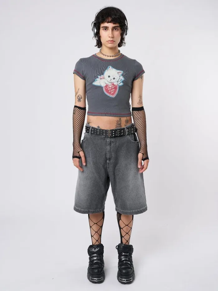 Clothing Cute Kitty Grey Baby Tee Minga London Crop Tops