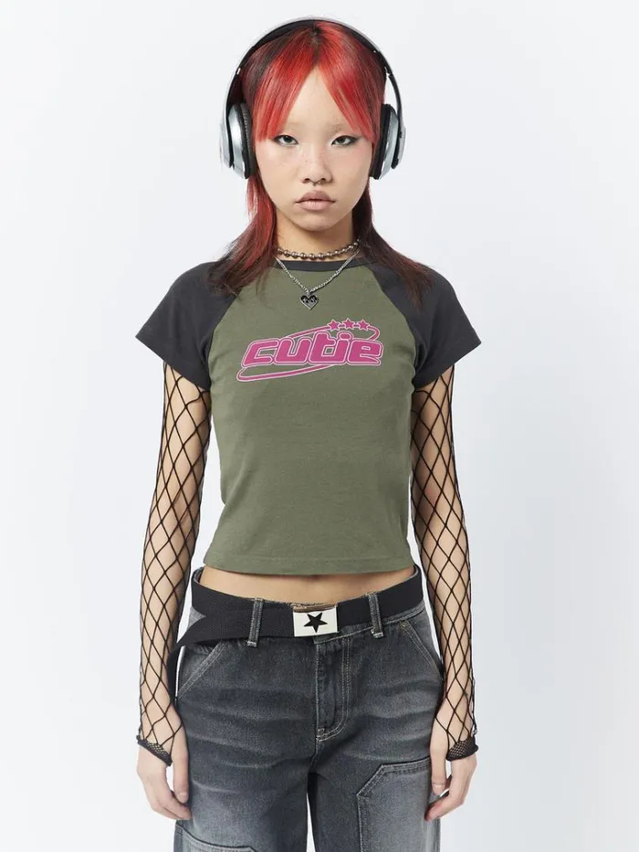Clothing Cutie Graphic Print Raglan Baby Tee Minga London Crop Tops