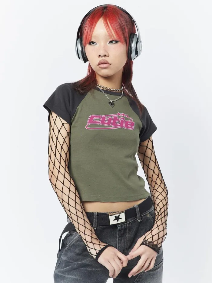 Clothing Cutie Graphic Print Raglan Baby Tee Minga London Crop Tops