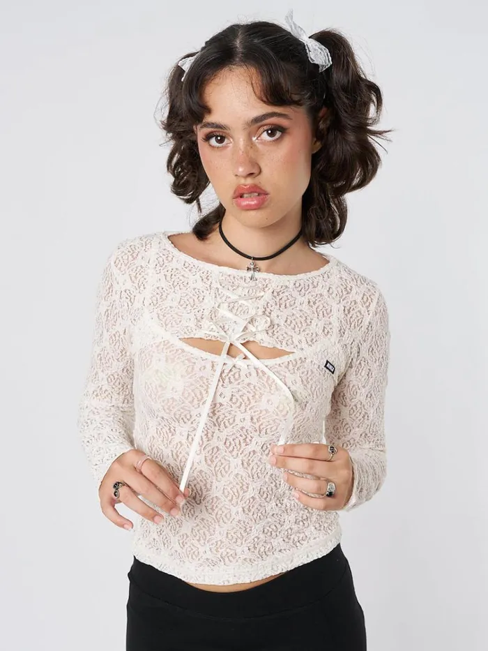 Clothing Dahlia Cream Shrug and Cami Top Lace Set Minga London Long Sleeve Tops