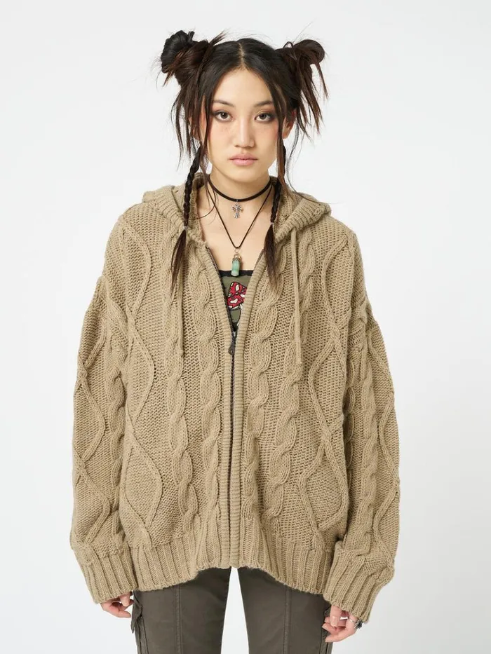 Clothing Eli Beige Zip Up Cable Knit Cardigan Minga London Jackets