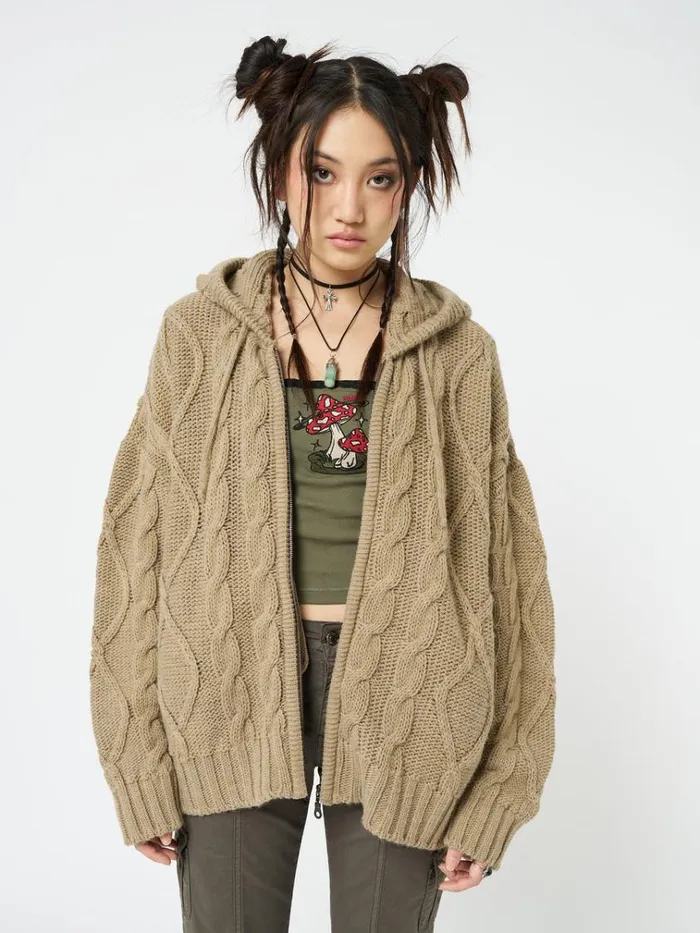 Clothing Eli Beige Zip Up Cable Knit Cardigan Minga London Jackets