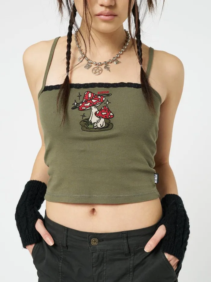 Clothing Enoki Mushroom Dark Khaki Cami Top Minga London Crop Tops