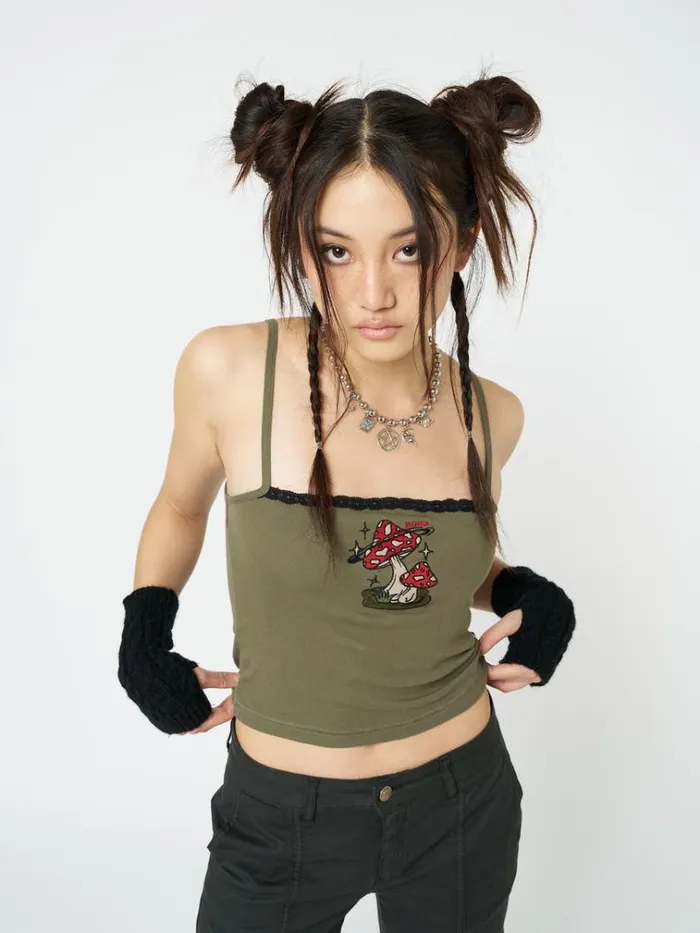 Clothing Enoki Mushroom Dark Khaki Cami Top Minga London Crop Tops