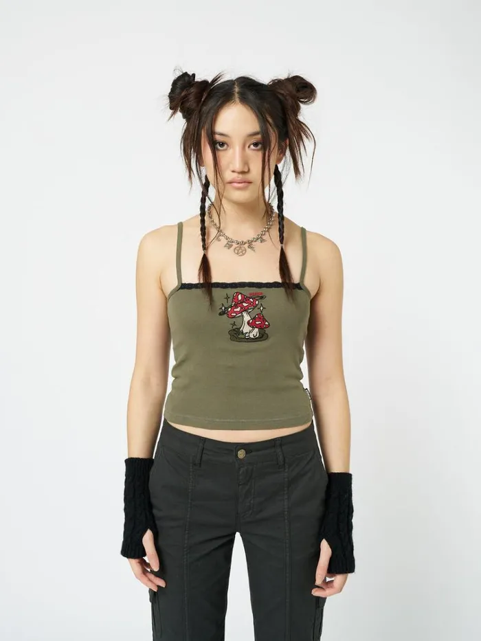Clothing Enoki Mushroom Dark Khaki Cami Top Minga London Crop Tops