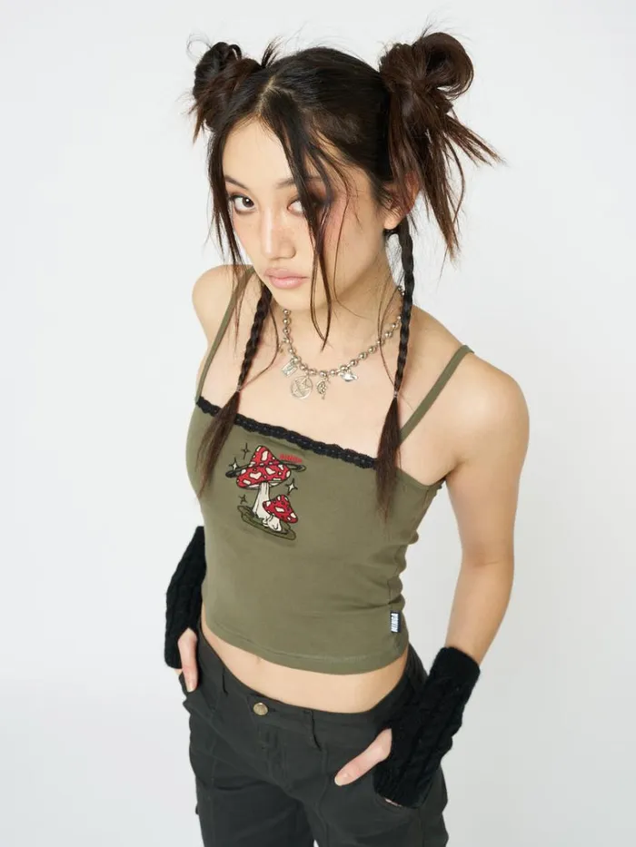Clothing Enoki Mushroom Dark Khaki Cami Top Minga London Crop Tops