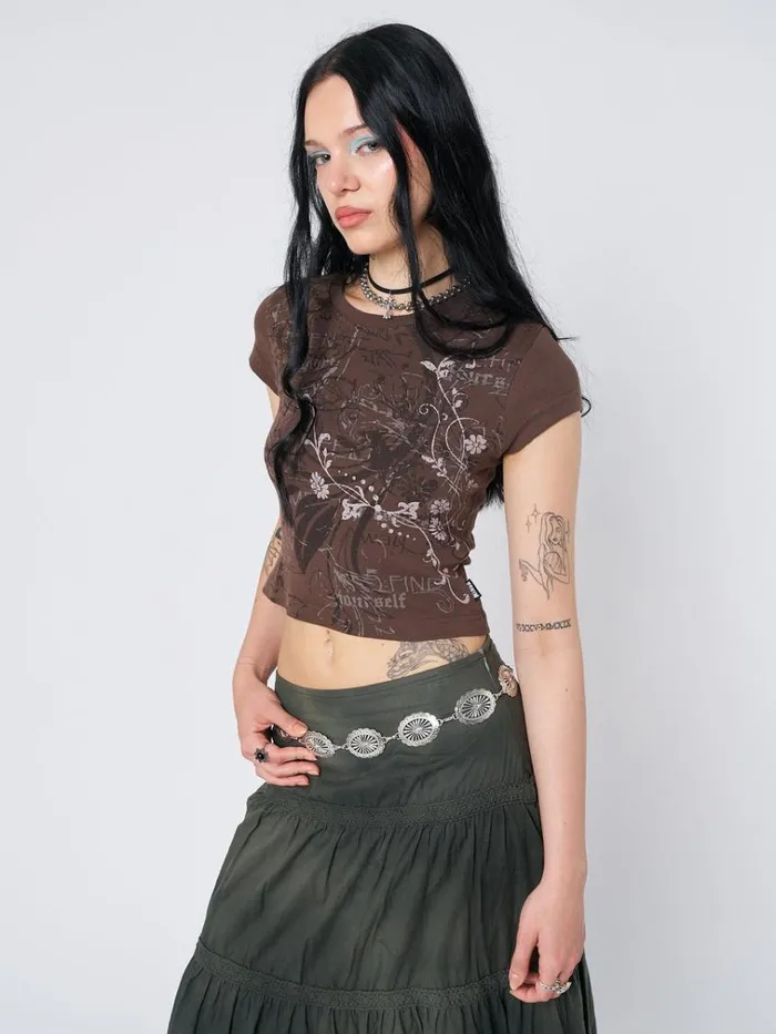 Clothing Find Yourself Brown Graphic Baby Tee Minga London Crop Tops