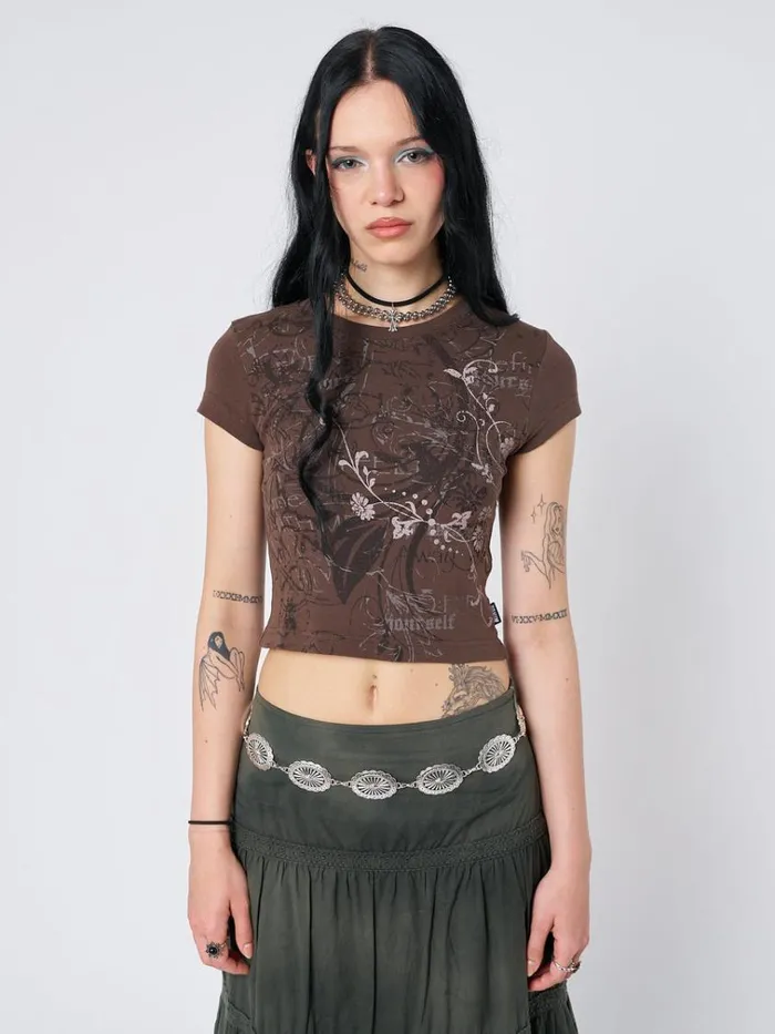 Clothing Find Yourself Brown Graphic Baby Tee Minga London Crop Tops