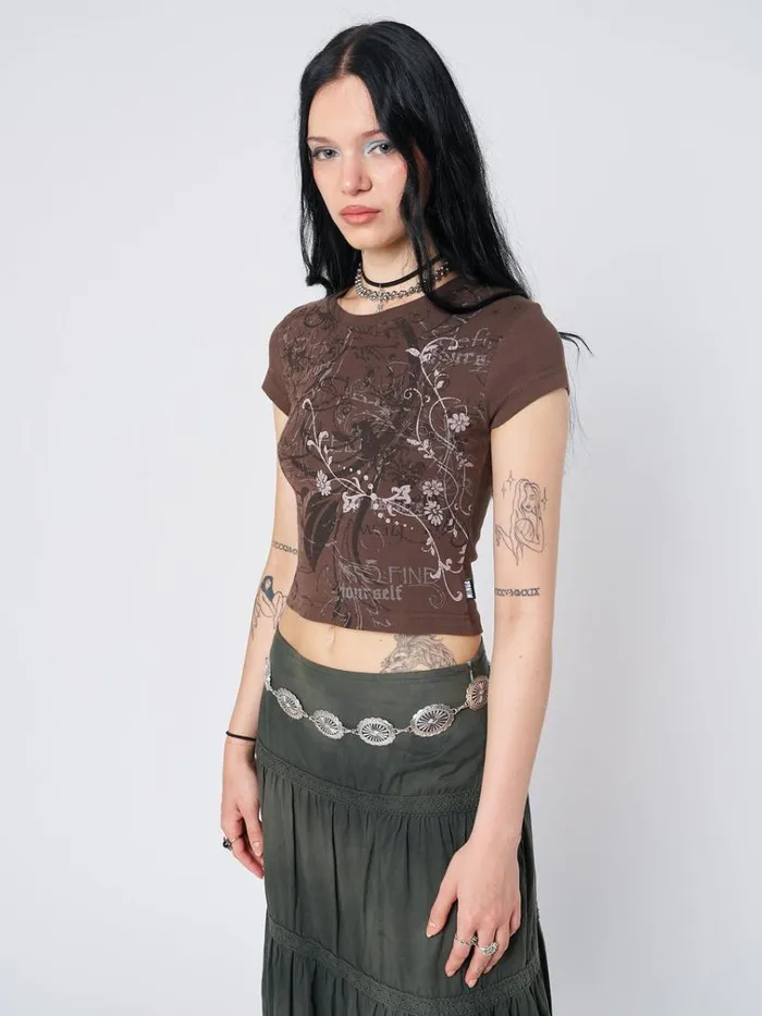 Clothing Find Yourself Brown Graphic Baby Tee Minga London Crop Tops