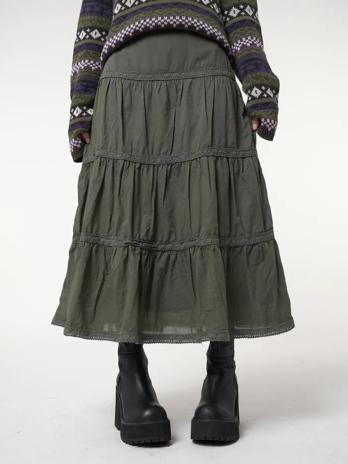 Clothing Foggy Green Ruffle Lace Maxi Skirt Minga London Skirts
