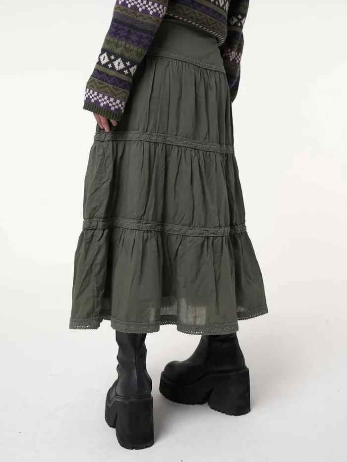 Clothing Foggy Green Ruffle Lace Maxi Skirt Minga London Skirts