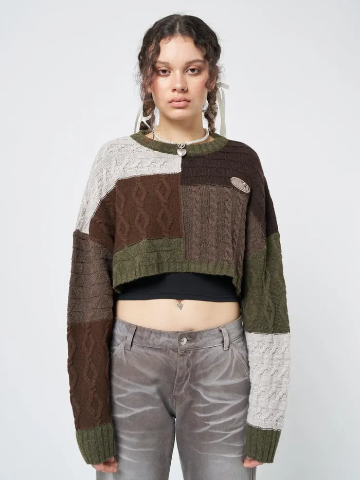 Clothing Gigi Patchwork Cable Knit Crop Jumper Minga London Sweaters