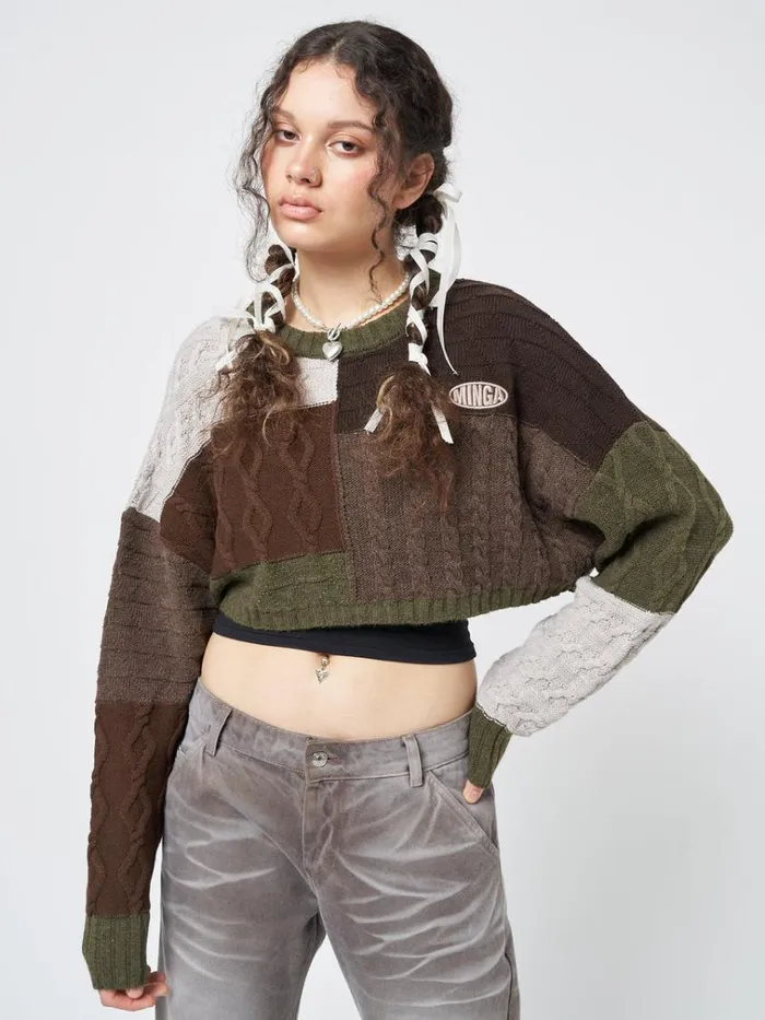 Clothing Gigi Patchwork Cable Knit Crop Jumper Minga London Sweaters
