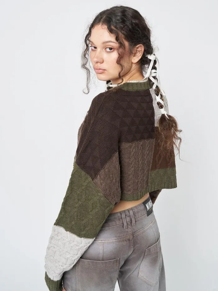 Clothing Gigi Patchwork Cable Knit Crop Jumper Minga London Sweaters