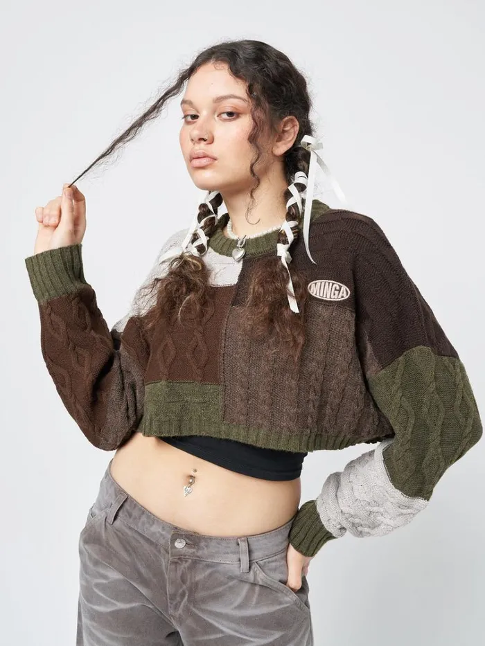 Clothing Gigi Patchwork Cable Knit Crop Jumper Minga London Sweaters