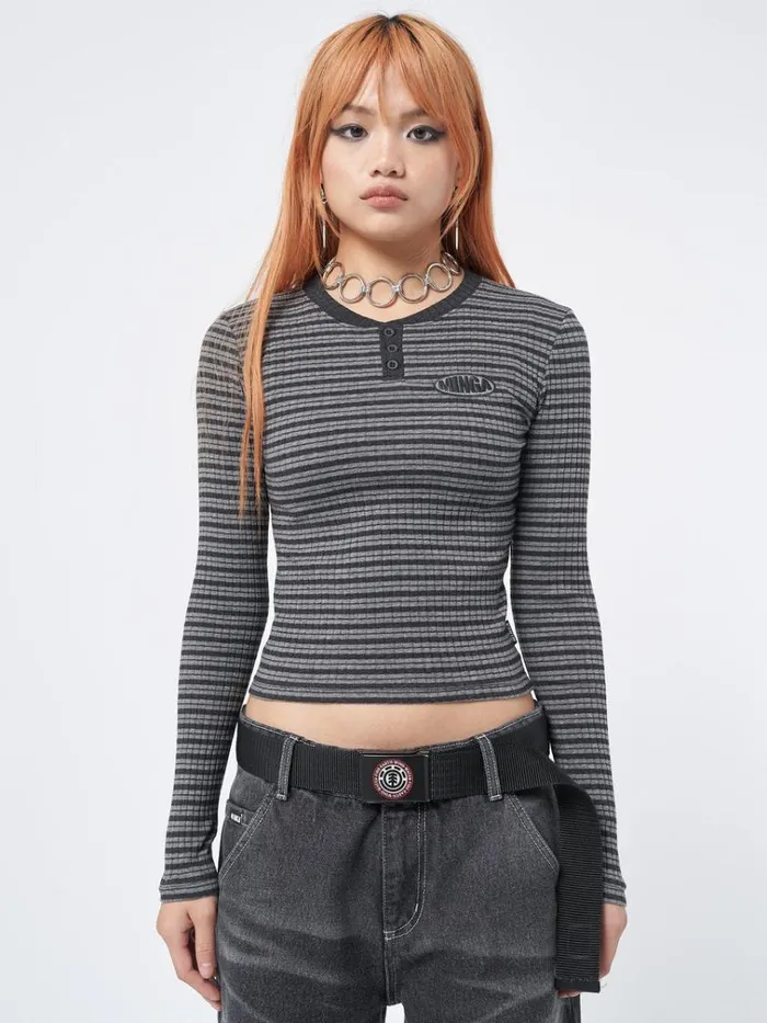 Clothing Graphite Half Button Striped Rib Top Minga London Long Sleeve Tops