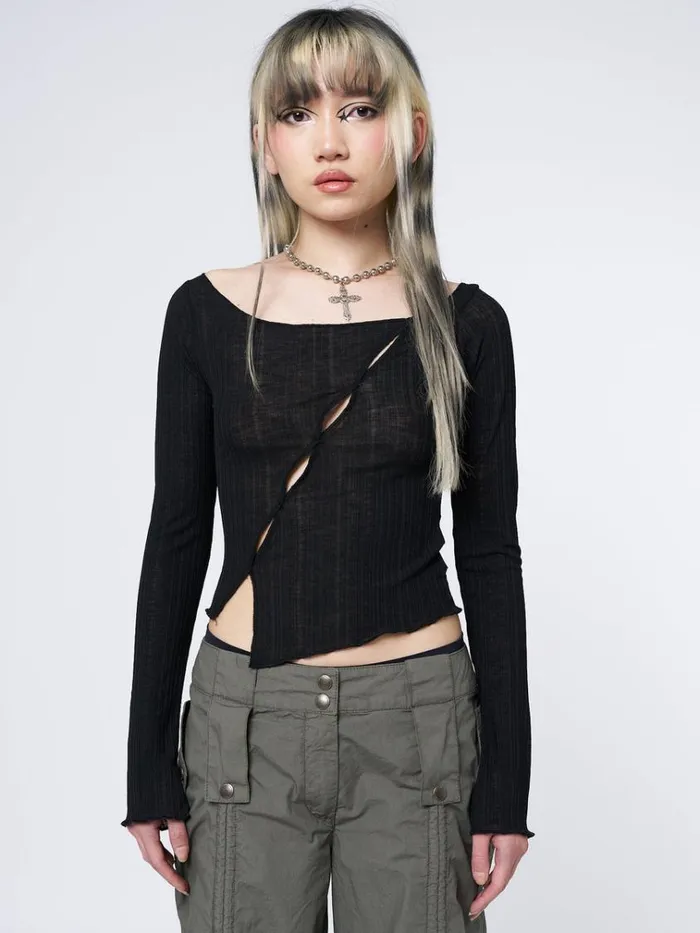 Clothing Hana Black Asymmetrical Cut Out Top Minga London Long Sleeve Tops