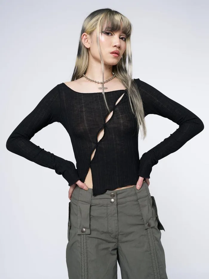 Clothing Hana Black Asymmetrical Cut Out Top Minga London Long Sleeve Tops