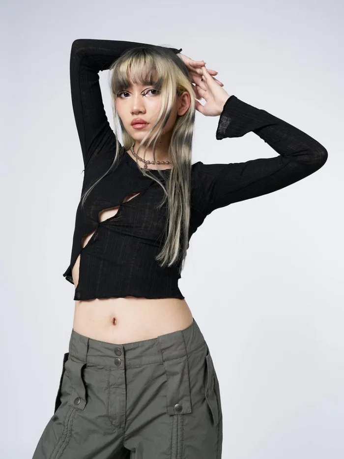 Clothing Hana Black Asymmetrical Cut Out Top Minga London Long Sleeve Tops