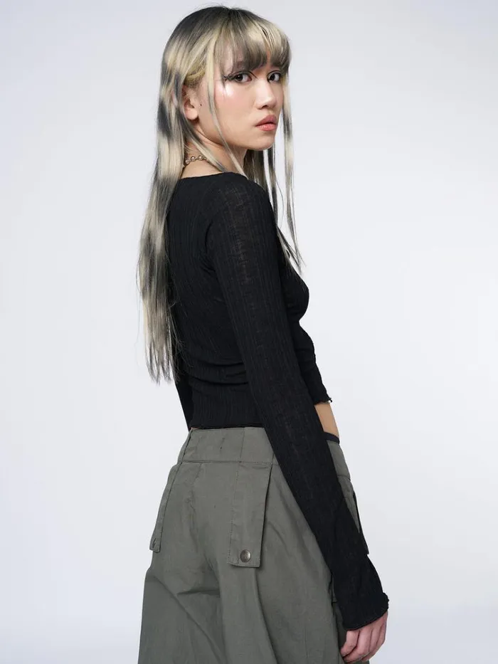 Clothing Hana Black Asymmetrical Cut Out Top Minga London Long Sleeve Tops
