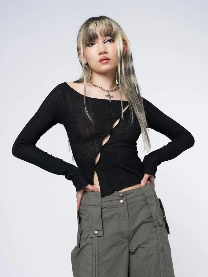 Clothing Hana Black Asymmetrical Cut Out Top Minga London Long Sleeve Tops