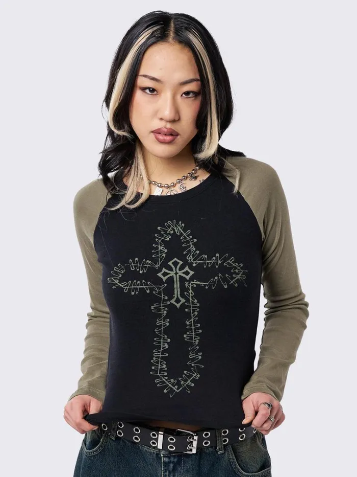 Clothing Hollow Cross Graphic Raglan Top Minga London Long Sleeve Tops
