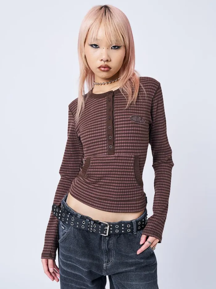 Clothing Kimi Brown Half Button Striped Top Minga London Long Sleeve Tops