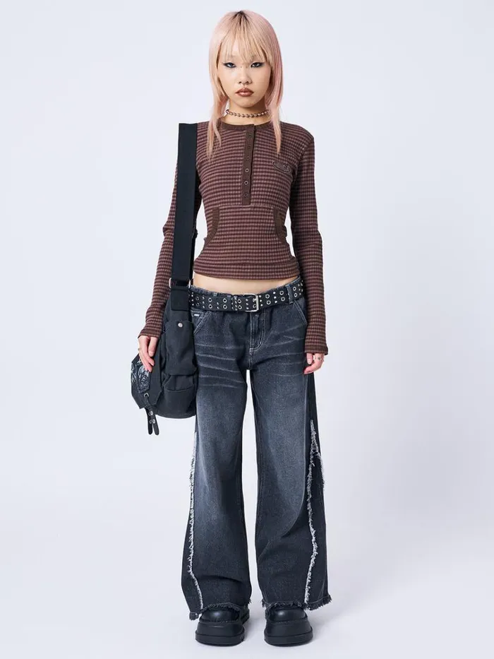 Clothing Kimi Brown Half Button Striped Top Minga London Long Sleeve Tops