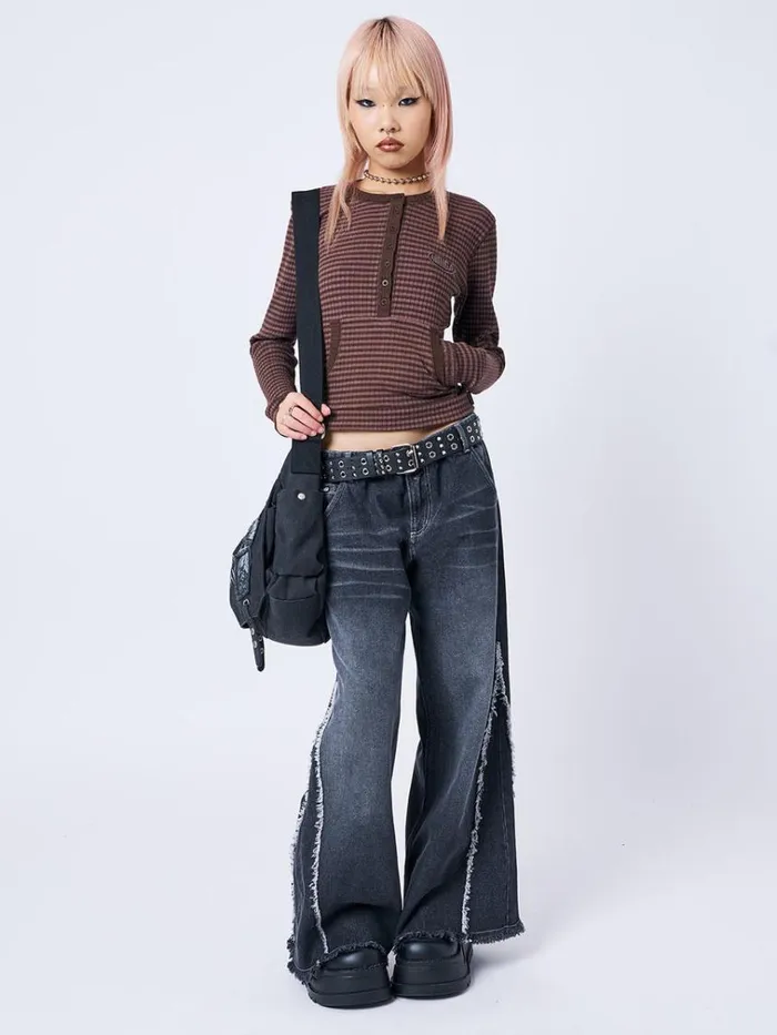 Clothing Kimi Brown Half Button Striped Top Minga London Long Sleeve Tops
