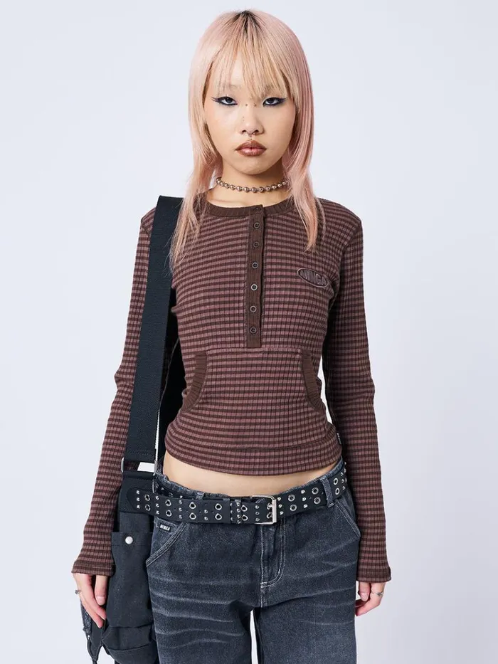Clothing Kimi Brown Half Button Striped Top Minga London Long Sleeve Tops