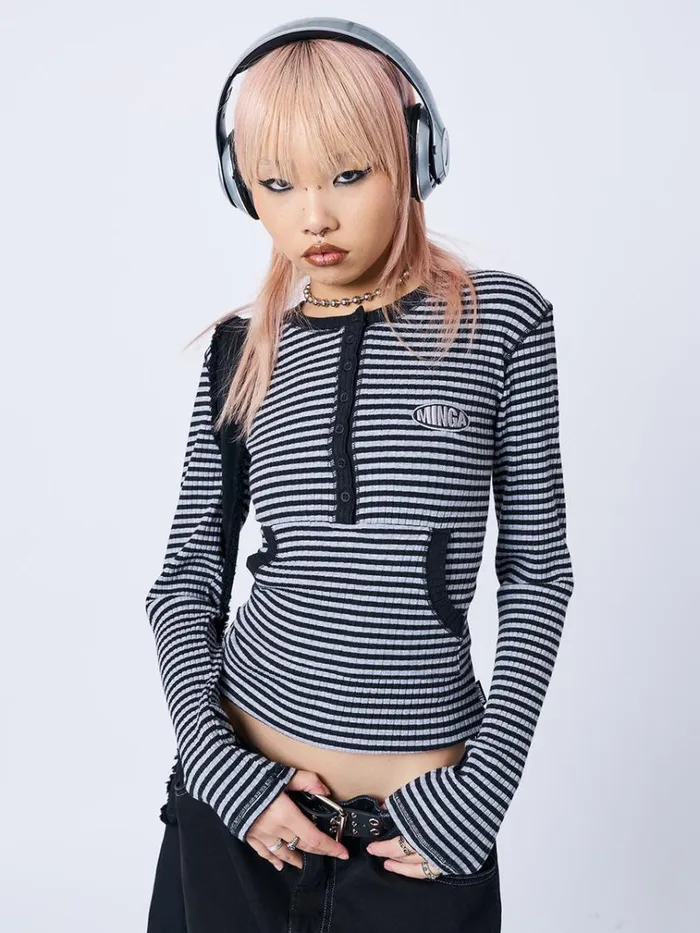 Clothing Kimi Grey Half Button Striped Top Minga London Long Sleeve Tops