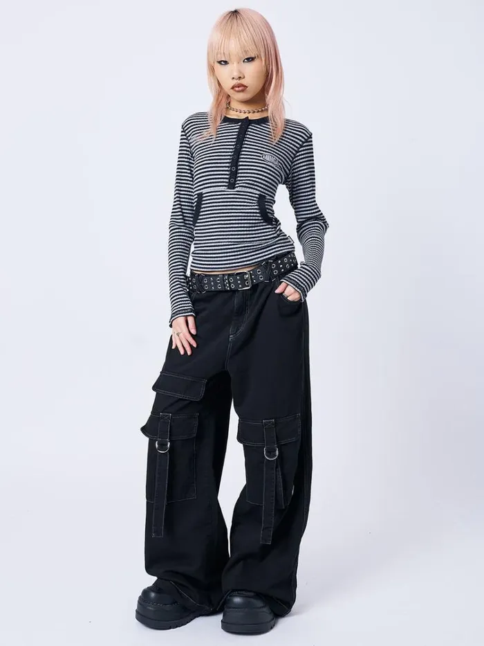 Clothing Kimi Grey Half Button Striped Top Minga London Long Sleeve Tops
